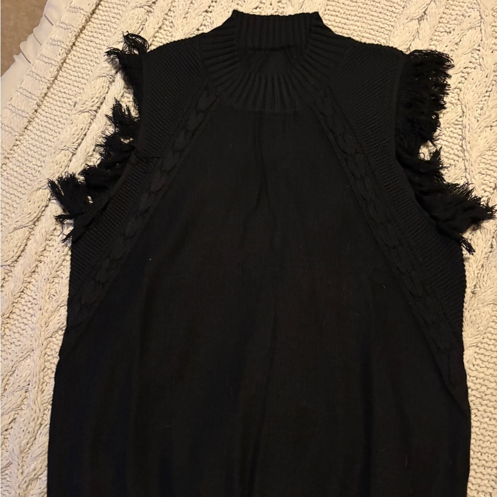 Black Sleeveless Knit Top with Fringe